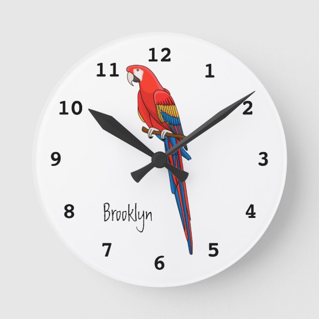 Scarlet macaw parrot cartoon illustration round clock (Front)