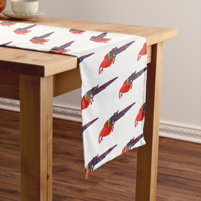Scarlet macaw parrot cartoon illustration short table runner (In Situ)
