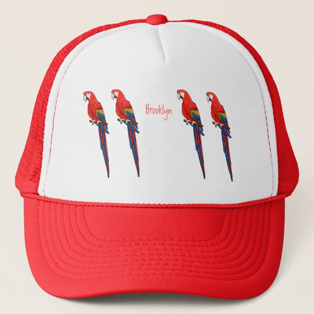 Scarlet macaw parrot cartoon illustration trucker hat (Front)