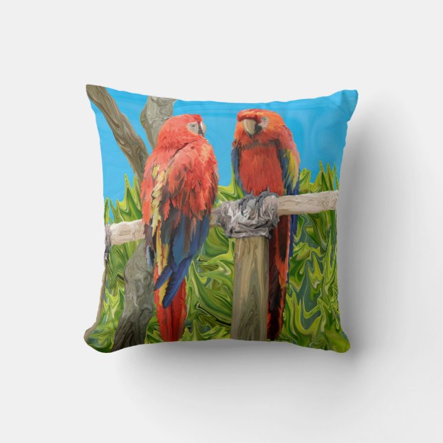 Scarlet Macaw Parrots Perching Throw Pillow (Front)