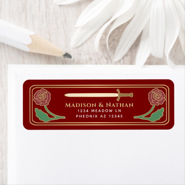 Scarlet Medieval Fantasy Gold Sword Wedding Label (Insitu)