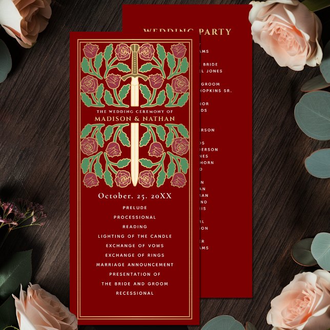 Scarlet Medieval Gold Floral Sword Royal Wedding Program (Creator Uploaded)