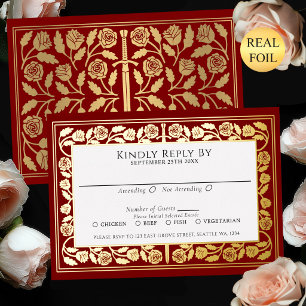 Scarlet Medieval Gold Sword Royal Wedding RSVP Foil Invitation