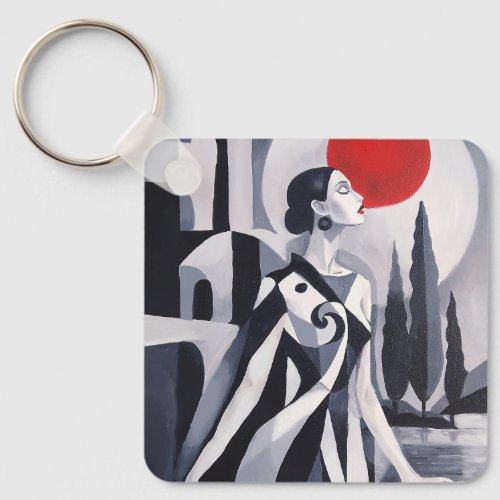 Scarlet Moon: Stylized Woman in Monochrome Landsca Keychain