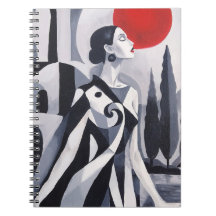 Scarlet Moon: Stylized Woman in Monochrome Landsca