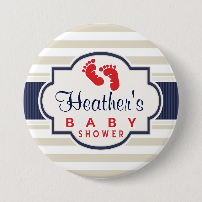 Scarlet, Navy, Eggshell Stripes Baby Shower Pinback Button (Front)