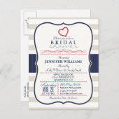Scarlet, Navy, Eggshell Stripes Bridal Shower Invitation Postcard (Front/Back)
