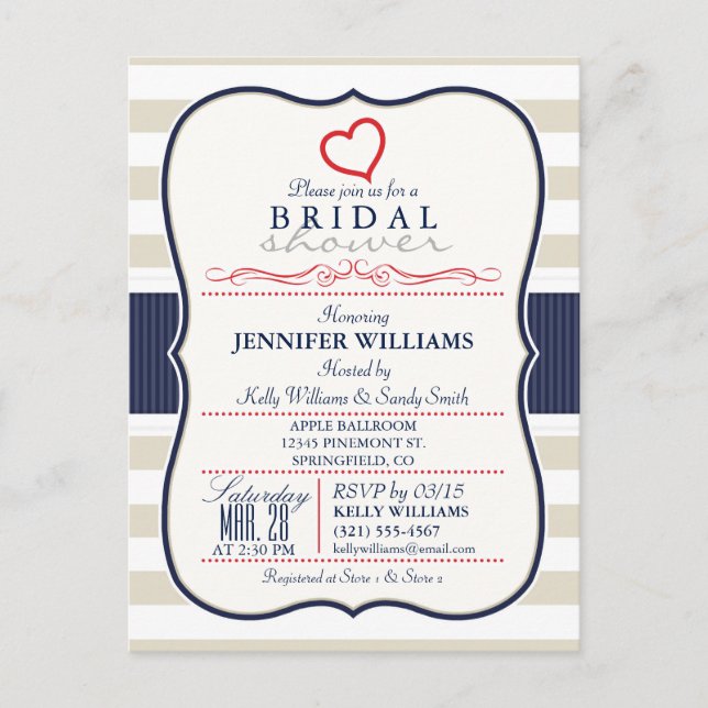 Scarlet, Navy, Eggshell Stripes Bridal Shower Invitation Postcard (Front)