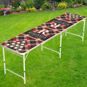 Scarlet Night Plaid Family Name & Initial Beer Pong Table