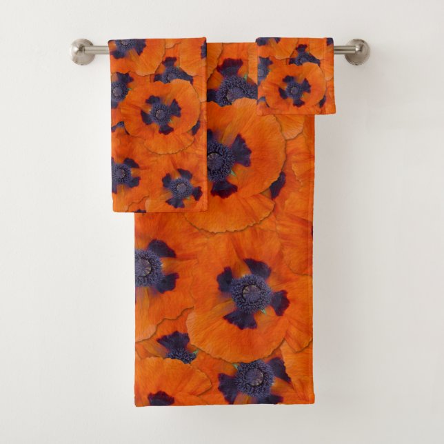 Scarlet Orange Poppy Seamless Pattern Bath Towel Set (Insitu)