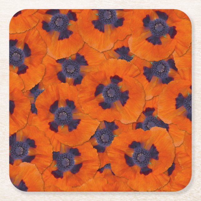 Scarlet Orange Poppy Seamless Pattern Square Paper Coaster (Front)