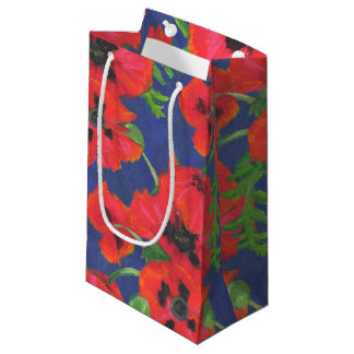 Scarlet Oriental Poppies Floral Pattern on Blue Small Gift Bag