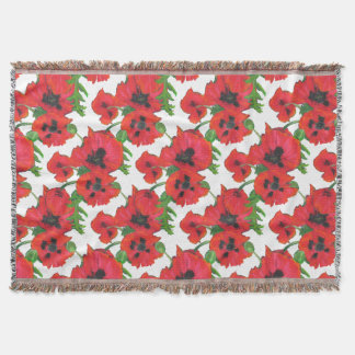 Scarlet Oriental Poppies on White Pattern Throw Blanket