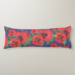 Scarlet Oriental Poppies Pattern on Blue Body Pillow