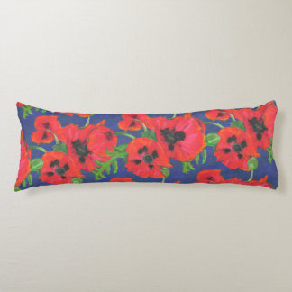 Scarlet Oriental Poppies Pattern on Blue Body Pillow