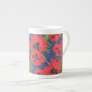 Scarlet Oriental Poppies Pattern on Blue Bone China Mug