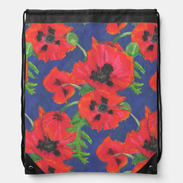 Scarlet Oriental Poppies Pattern on Blue Drawstring Bag (Front)
