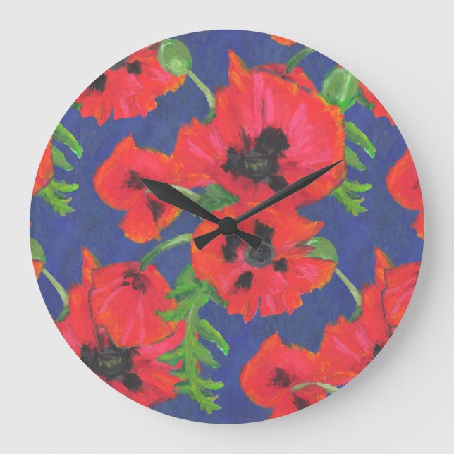 Scarlet Oriental Poppies Pattern on Blue Large Clock (Front)