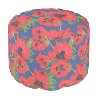 Scarlet Oriental Poppies Pattern on Blue Pouf