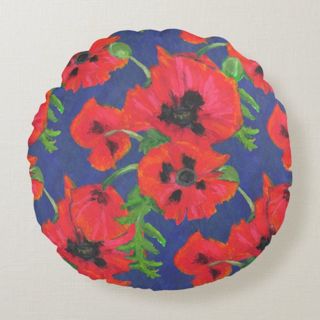 Scarlet Oriental Poppies Pattern on Blue Round Pillow (Front)