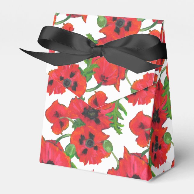 Scarlet Oriental Poppies Pattern on White Favor Boxes (Front Side)