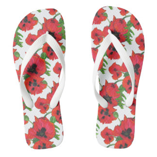 Scarlet Oriental Poppies Pattern on White Flip Flops