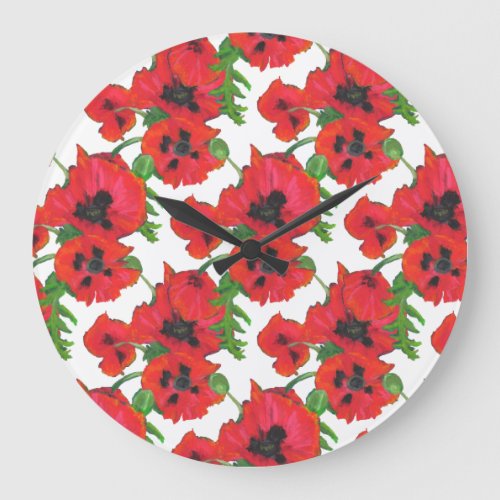 Scarlet Oriental Poppies Pattern on White Large Clock