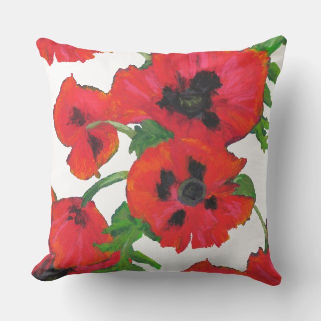 Scarlet Oriental Poppies Pattern on White Throw Pillow (Front)