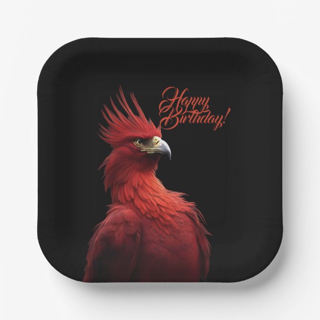 Scarlet Phoenix Sits Proudly Happy Birthday Paper Plates (Front)