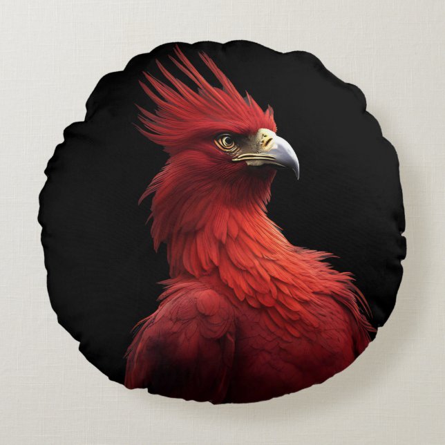 Scarlet Phoenix Sits Proudly Round Pillow (Front)
