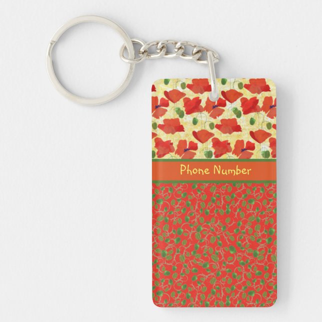 Scarlet Poppies and Buds: Chic Oblong Keychain (Front)