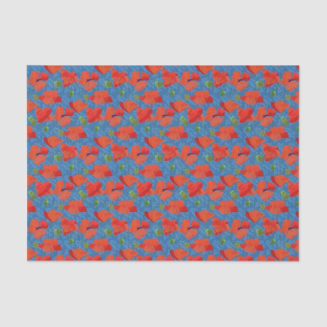 Scarlet Poppies Floral Pattern on Leafy Blue Tissue Paper (Front)