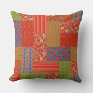 Scarlet Poppies, Green Patterns, Faux-patchwork Throw Pillow
