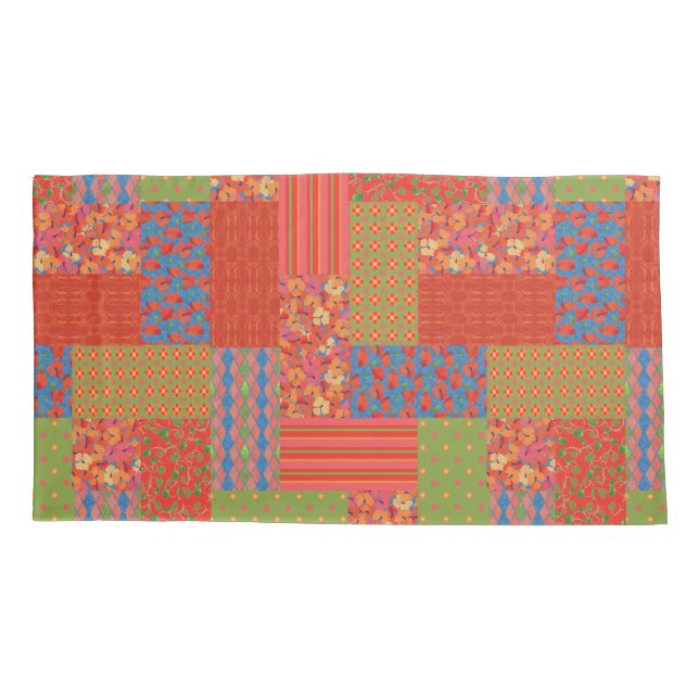 Scarlet Poppies Notalgic Faux Patchwork Pattern Pillow Case (Back-Left)