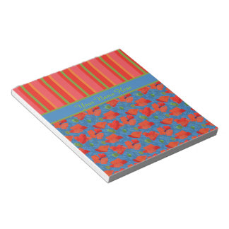 Scarlet Poppies on Blue, Red, Green Stripes Notepad