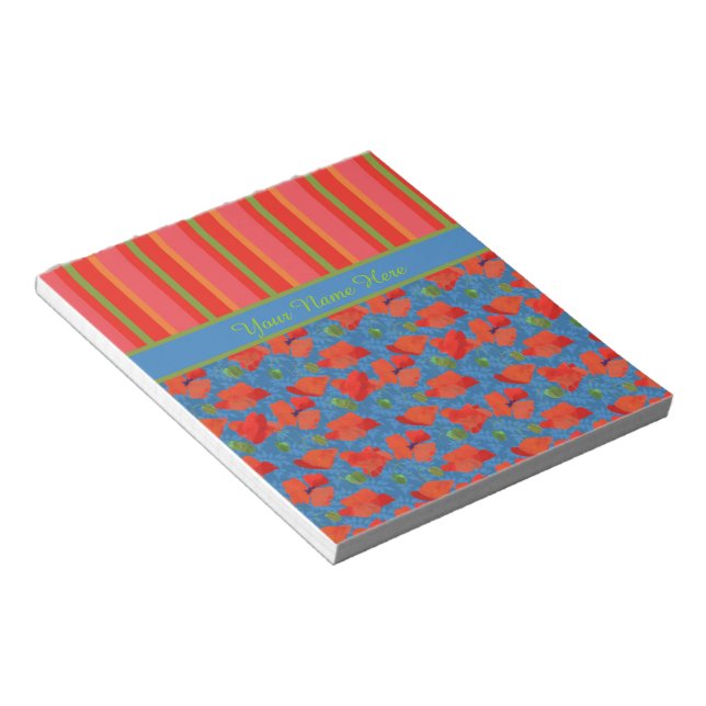 Scarlet Poppies on Blue, Red, Green Stripes Notepad (Angled)