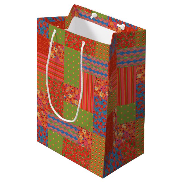 Scarlet Poppies Patterns Nostalgic Faux Patchwork Medium Gift Bag (Front Angled)