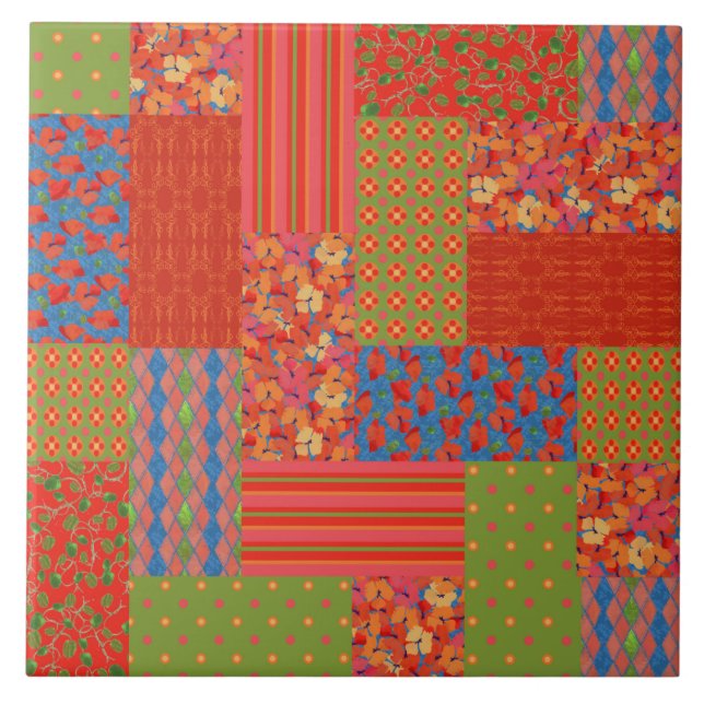 Scarlet Poppies Patterns Nostalgic Faux Patchwork Tile (Front)