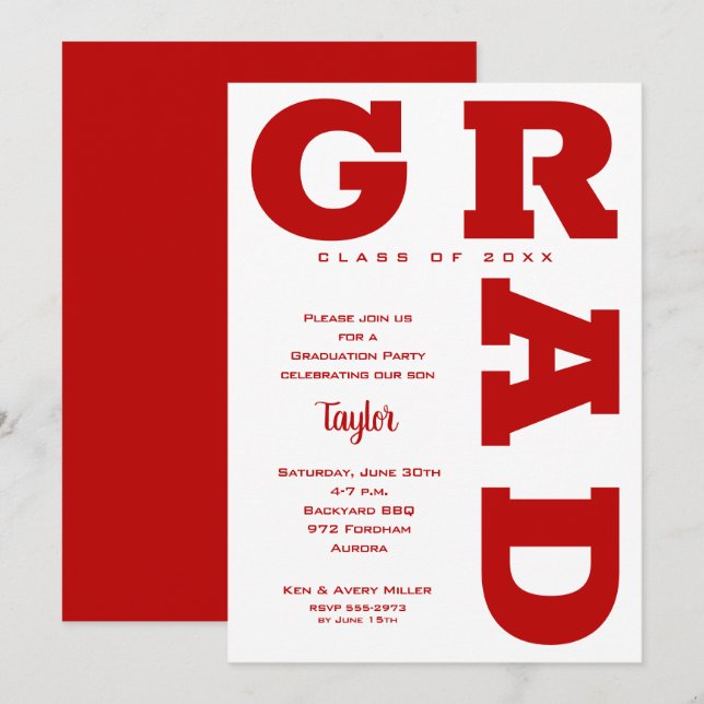 Scarlet Red and White Graduation Party Invitation (Front/Back)