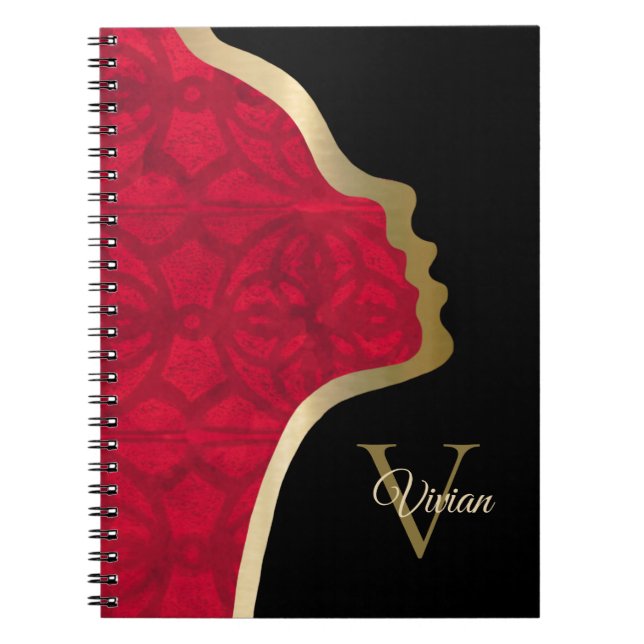 Scarlet Red Black And Gold Face Notebook (Front)