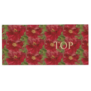 Scarlet red flowers & calligraphy wood flash drive