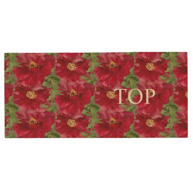 Scarlet red flowers & calligraphy wood flash drive (Front)