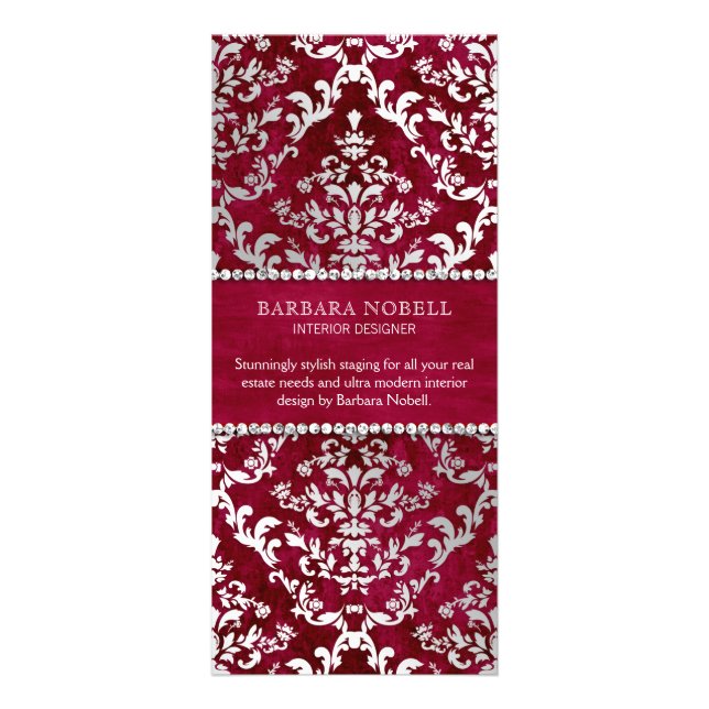 Scarlet Red Glimmer Damask Silver Rack Card (Back)