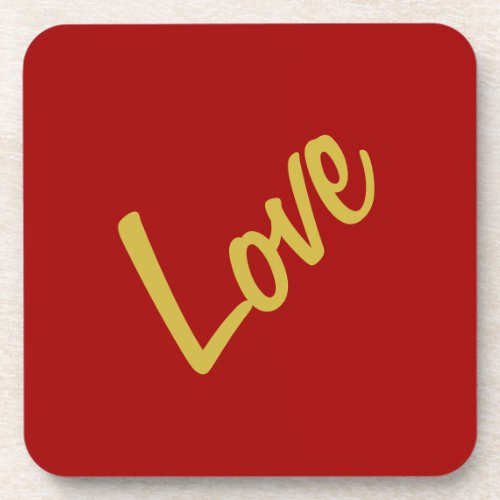 Scarlet Red Gold Colors Love Wedding Calligraphy Beverage Coaster