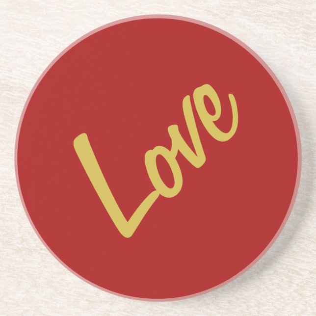 Scarlet Red Gold Colors Love Wedding Calligraphy Coaster (Front)