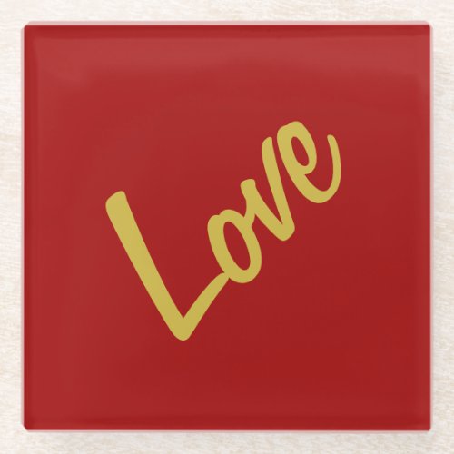 Scarlet Red Gold Colors Love Wedding Calligraphy Glass Coaster