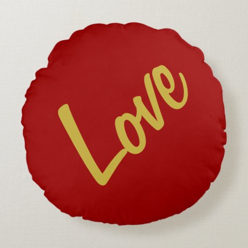 Scarlet Red Gold Colors Love Wedding Calligraphy Round Pillow