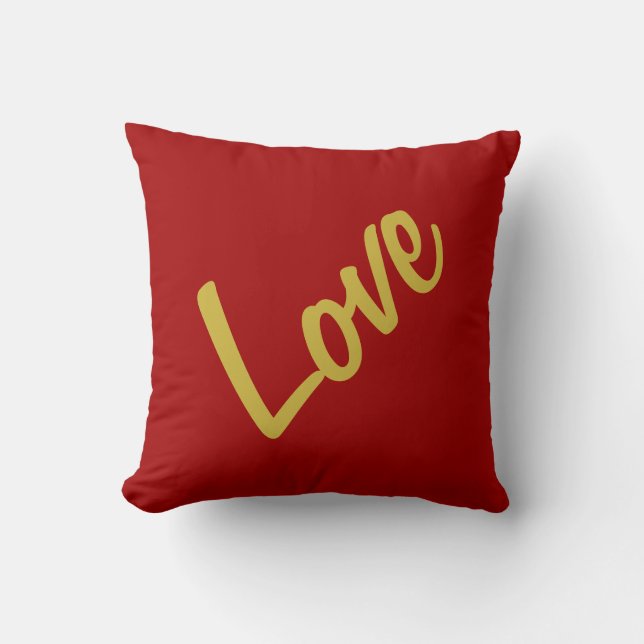 Scarlet Red Gold Colors Love Wedding Calligraphy Throw Pillow (Front)