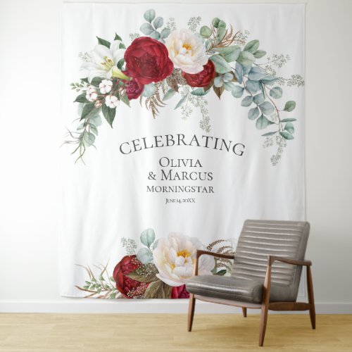 Scarlet Red Ivory Peony Eucalyptus Wedding Prop Tapestry