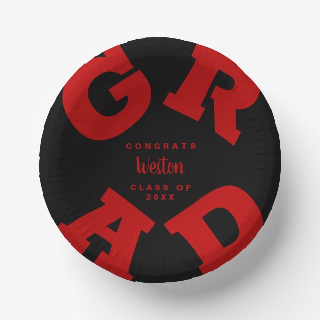 Scarlet Red on Black Custom Graduation Paper Bowls (Front)